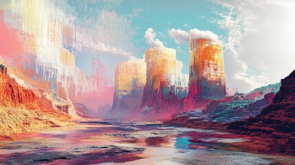 Poster - Abstract Digital Landscape with Tall Structures and Water