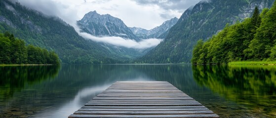 Wall Mural -  A wooden dock sits atop a tranquil lake, surrounded by a lush green forest Behind the trees, a mountain rises, its peak hidden in a sky filled with fluffy