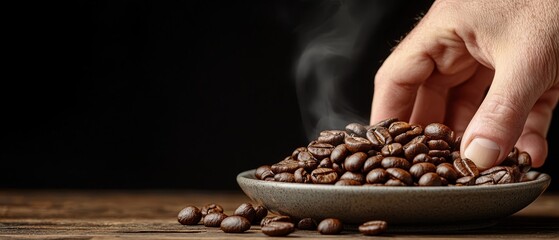 Wall Mural -  A person is scooping coffee beans from a steaming bowl