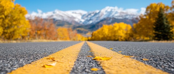 Wall Mural -  A yellow line borders a forest road against snow-capped mountains' backdrop