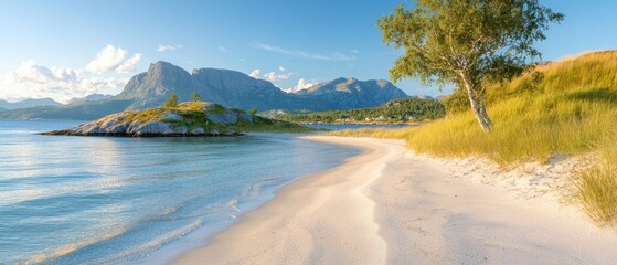 Wall Mural -  A sandy beach nestled by a body of water In the foreground, a solitary tree stands Mountains loom in the background