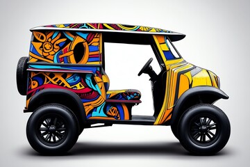 Poster - Simple line art of a Tuk Tuk, with bold, minimalist colors representing the vehicleâ€™s vibrant patterns against a clean, geometric background.