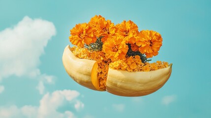 Sticker -   Orange flowers sit in a banana split on a blue sky with clouds