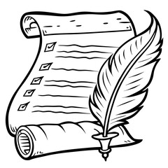 Outline Vector of a Scroll with Names and a Quill