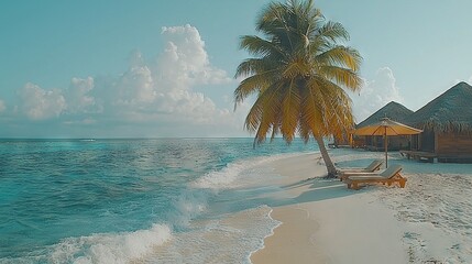 Wall Mural -   A palm tree stands tall on a sandy beach beside crystal-clear blue water