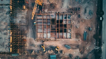 Poster - A construction site with a crane and a yellow truck