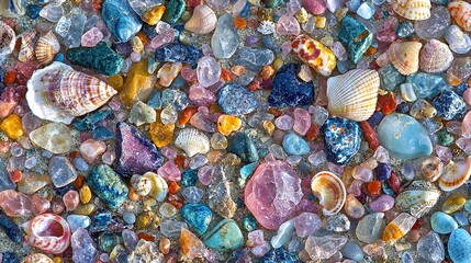 Sticker -   A detailed photo of various-hued stones and shells on a seashore, framed by an azure sky