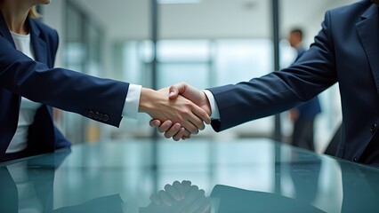 Two business professionals shaking hands across a modern glass conference table, symbolizing a successful deal.