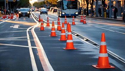 Bus lane maintenance with traffic redirected by bright orange cones