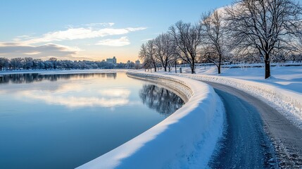 Aufkleber - A serene winter landscape featuring a curved path along a snow-covered lake, bordered by trees under a clear blue sky.