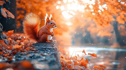 Wall Mural -   A squirrel perched atop a rock overlooking an orange-leafed forest and a tranquil body of water