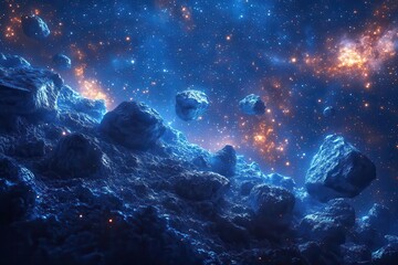 Wall Mural - celestial scene of asteroid field against starry backdrop various sizes and textures of space rocks 