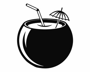 Coconut Drink silhouette vector,coconut tropical drink with straw and a little umbrella, linocut style