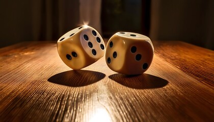 A close-up view of Two Dice on Wooden Table