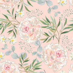 Wall Mural - Peony flowers, daisies, green leaves, blush pink background. Floral illustration. Vector seamless pattern. Botanical design. Nature garden elements. Summer plants