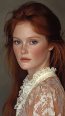 Canvas Print - A woman with long red hair wearing a white blouse