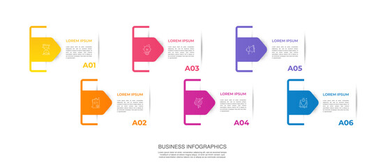 Wall Mural - Vector template arrow infographics with 6 steps. Business premium creative concept with options, labels, parts. Six steps for content, flowchart, timeline, levels, presentation.