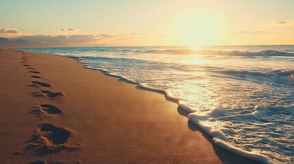 Canvas Print -  A sandy beach with footprints in the sand and the sun shining through the clouds over the ocean on a sunny day