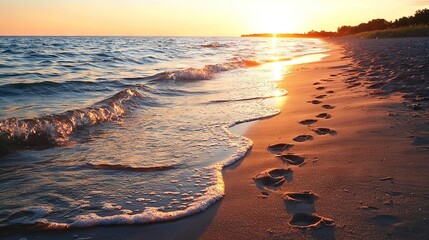 Poster -   A beach with sand footprints, distant sun, trees, and water in the foreground