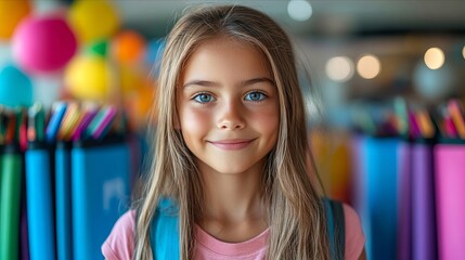 Sticker - A young girl with a backpack standing in front of a wall of colored pencils