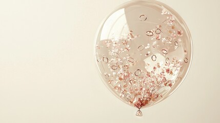 Sticker -   A balloon filled with pink and white confetti sits atop a white table against a white wall