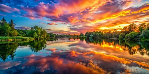 A Beautiful Sunset Over a Tranquil Lake Surrounded by Lush Green Trees and Colorful Sky Reflections