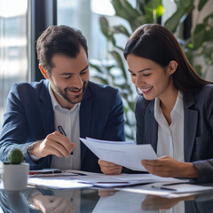 Two business professionals collaborating in an office, reviewing documents together with a positive and focused attitude, demonstrating teamwork and cooperation