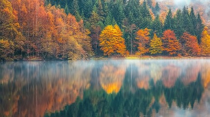 Wall Mural -   A forest encircling a body of water, with an array of green and yellow trees lining the perimeter, and orange and yellow trees surrounding the outer edge