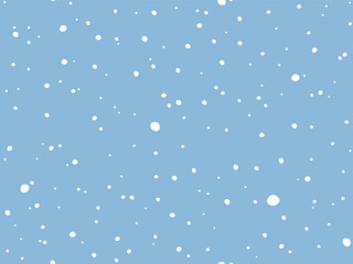 Snow Flakes background. Cold Snowy winter Holiday Background. White falling random flake on Blue. Simple Natural snowfall texture. Vector illustration. Dotted pattern for Package wallpaper design