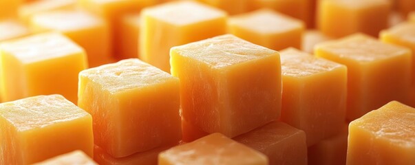 Poster - Cheese cubes arranged in a contemporary grid design, with clean lines and textures, diced cheese included, creating abstract food art.