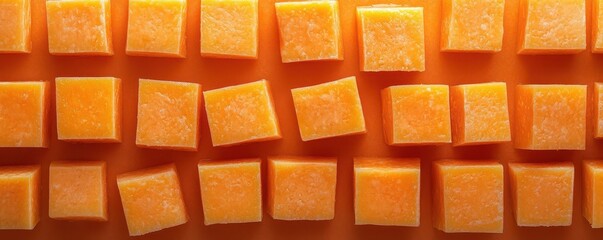 Poster - Cheese cubes forming a modern grid pattern, sharp lines and textures, Cheese dices, Abstract food art