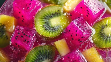 Poster -   A high-resolution image captures the intricate details of a kiwis-and-watermelon arrangement The kiwis' fuzzy texture, combined with the water