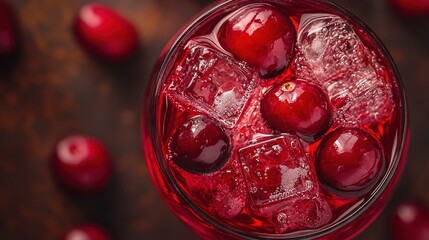 Canvas Print -   A close-up of a glass filled with ice and cherries, accompanied by cherries scattered around the table