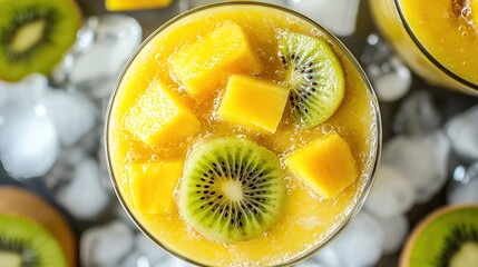 Poster -   A clear picture of a fruity beverage featuring kiwi chunks atop and chilled ice beneath