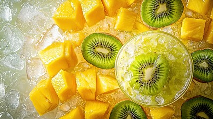 Wall Mural -   A close-up shot of kiwi slices and a drink in a glass resting on an ice and water bed