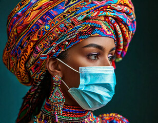 Wall Mural - African woman in a medical mask, in a high multi-colored hat made of bright fabrics with traditional patterns