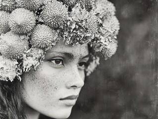 Canvas Print - Black and White Portrait of a Woman with a Floral Crown