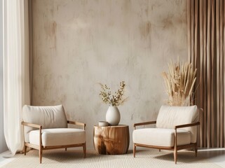 Two beige armchairs with wooden frames, a round wooden table with a vase of dried flowers, a beige rug, and a neutral textured wall in a contemporary living room.