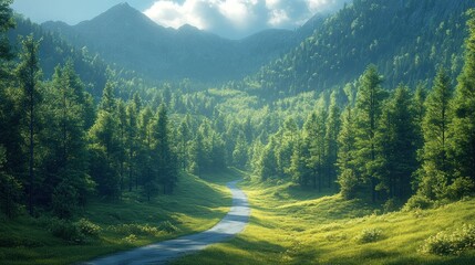 Poster - Lush green landscape with a winding road through mountains.