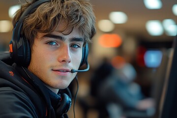 A young man wearing a headset and working at a computer, providing customer service.