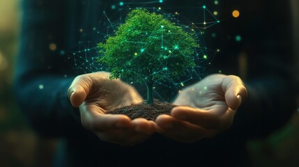 Poster - Digital tree growth concept with hands holding soil