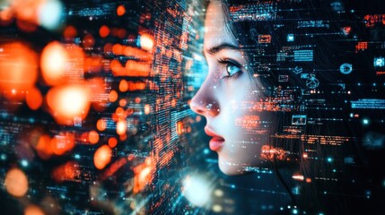 Leinwandbilder - A young woman focuses intently as vibrant data streams illuminate her face in a futuristic digital environment, symbolizing the merging of technology and human experience
