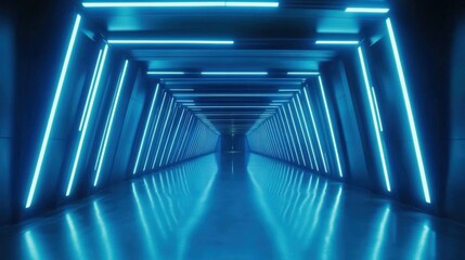 Poster - The corridor features vibrant blue neon lights lining the ceiling and walls, creating a captivating atmosphere as it extends into the distance, reflecting on the smooth floor