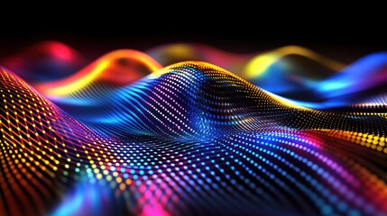 Poster - Dynamic wave patterns with radiant colors undulate in a dark space, creating an entrancing visual effect reminiscent of digital art and technology