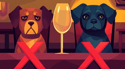 Two cartoon dogs sitting at a table with a crossed-out wine glass, conveying a humorous message.