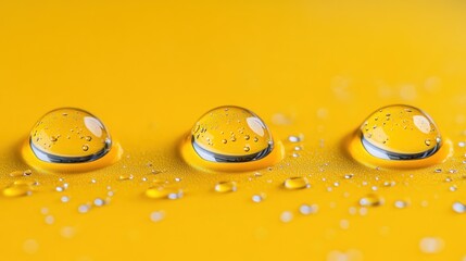 Poster - Three clear droplets of water rest on a vivid yellow surface, capturing and reflecting light artistically while revealing tiny bubbles inside, enhancing the enchanting quality of the scene