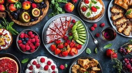 Sticker -   A table, plates of food, a bowl of fruit, a plate of fruit