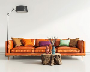 Stylish orange leather sofa in a modern living room interior. Comfortable furniture, cozy home decor with minimalistic design.