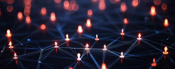 Poster - Abstract digital network with glowing connections and people icons on a dark background,