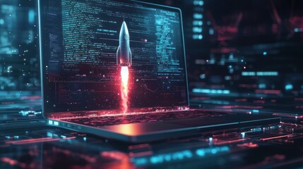 Rocket depicted as launching through laptop's screen